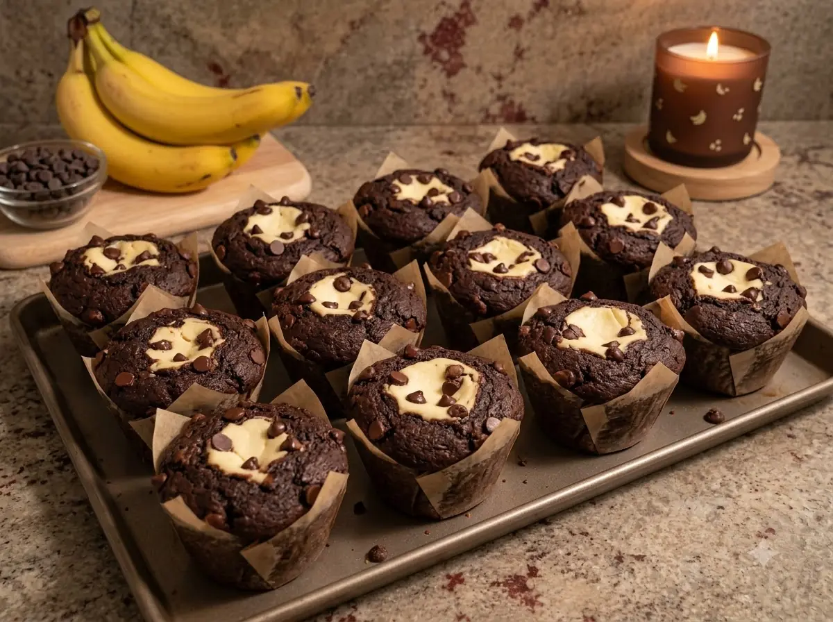Cheesecake Stuffed Double Chocolate Banana Muffins