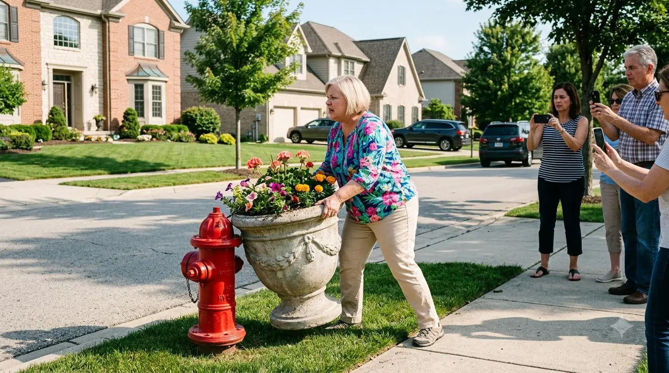 She Hid a Fire Hydrant Behind a Concrete Planter — Then the Fire Truck Stopped at Her Own Burning House
