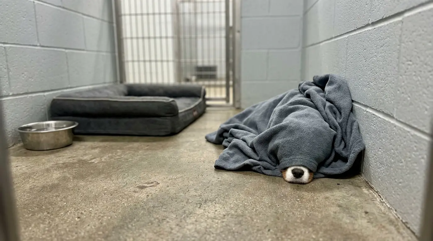 Biscuit Keeps Crawling Inside His Own Blanket—When the Kennels Get Loud, He Hides Until Only His Nose Is Visible