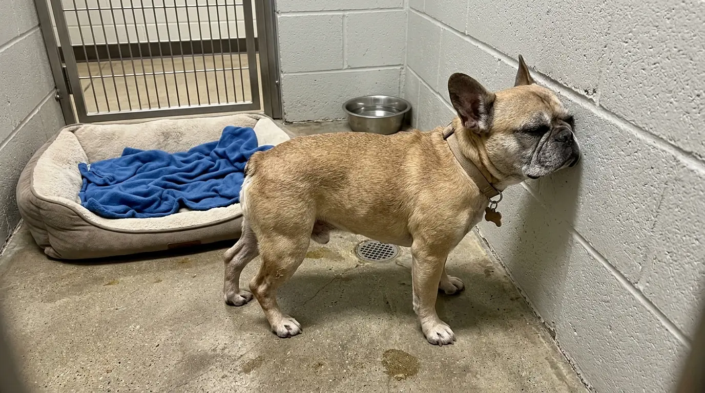 Louie Falls Asleep Standing With His Head Against the Wall—Even When His Back Legs Buckle, He Gets Up and Does It Again