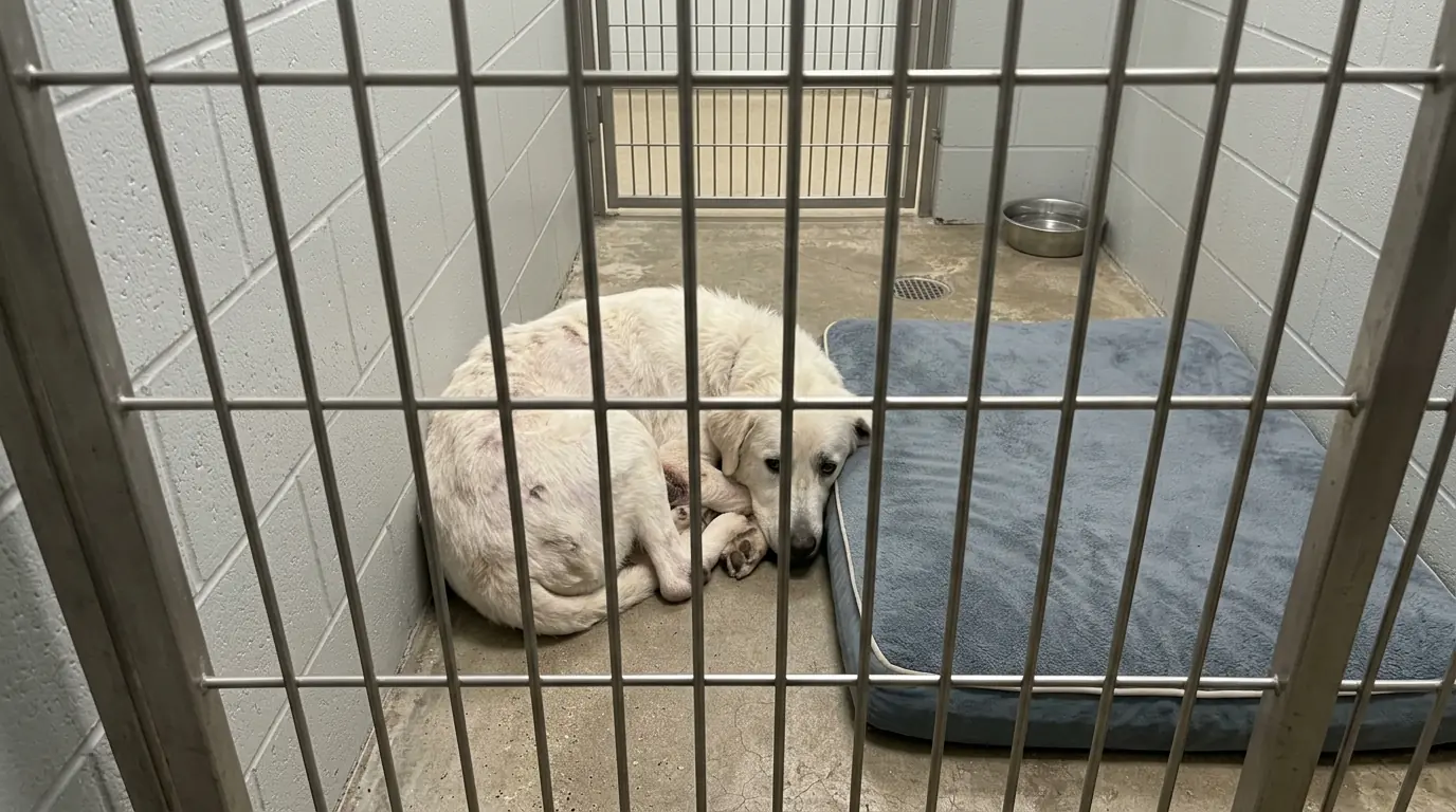 Hank Keeps Leaving His New Bed for the Concrete—After Years Outside, the Hard Floor Is Still Where He Chooses to Sleep