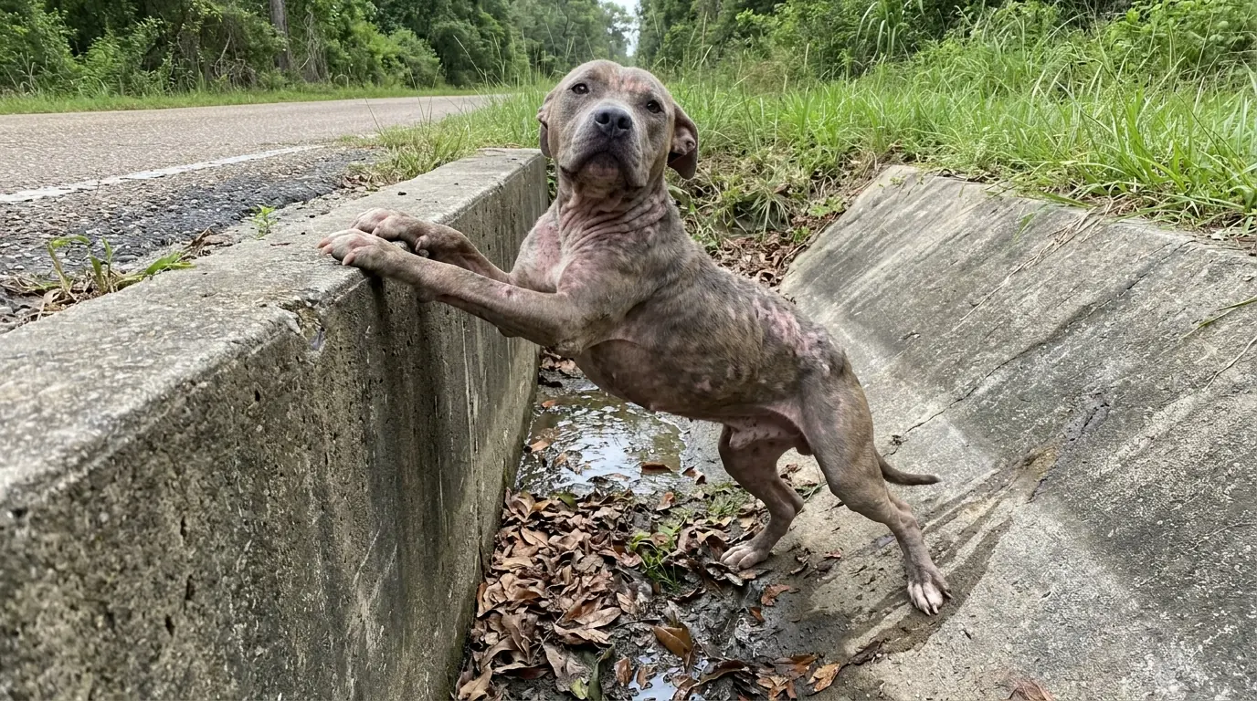 Dolly Keeps Trying to Climb Out of the Drainage Ditch—But Her Back Legs Give Out Every Time She Reaches the Edge