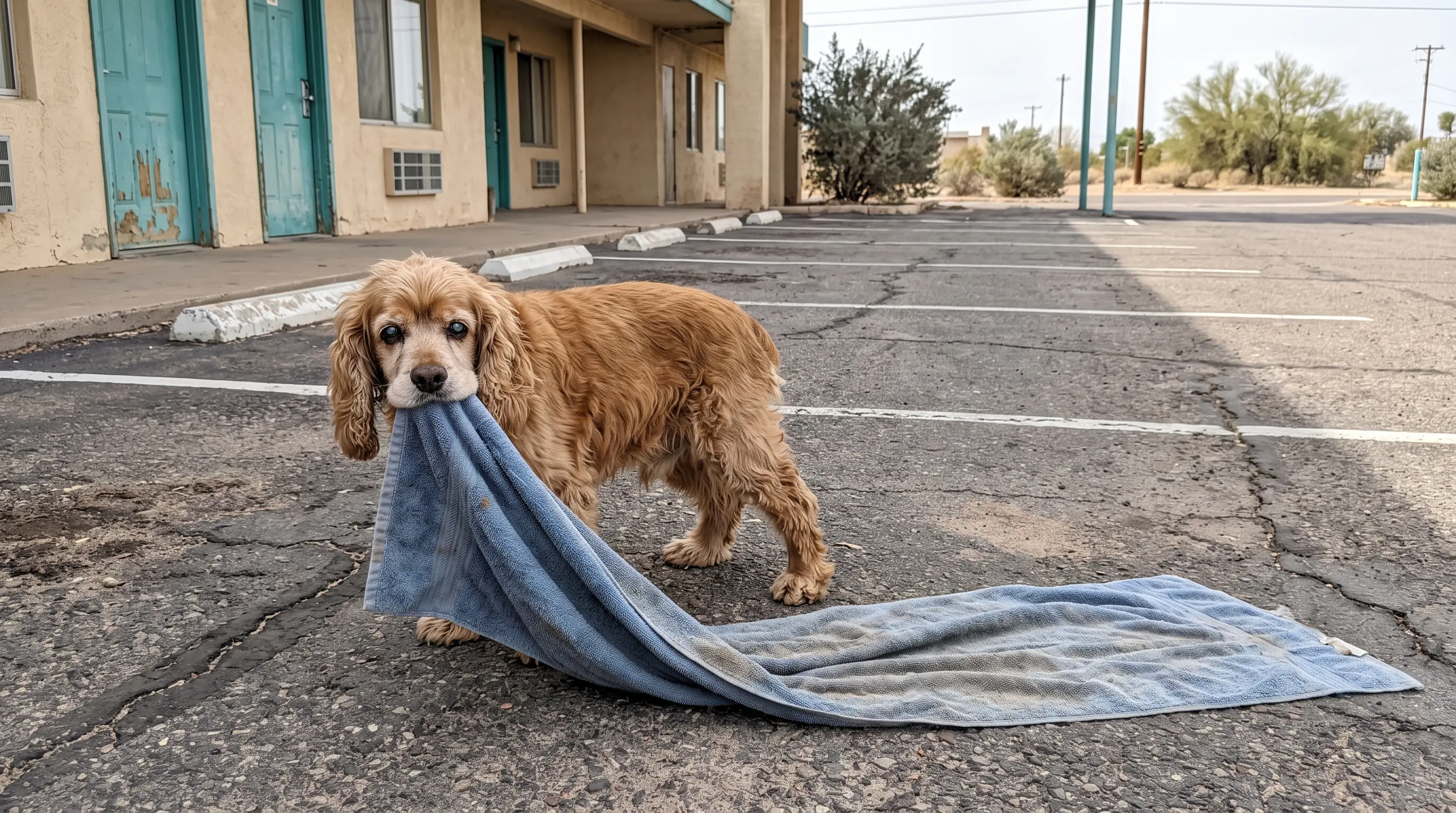 Charlie Drags the Same Old Blanket Across the Parking Lot—Then Sleeps on the Only Thing Keeping Him Off the Asphalt