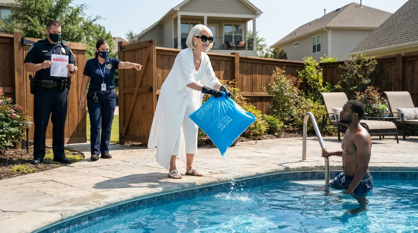 She Dumped an Entire Bag Into a Homeowner’s Pool — Then Police Walked Through the Gate Holding a Court Order