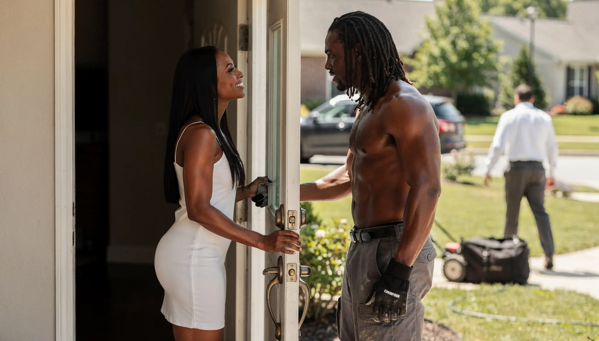 She Kissed Her Husband Before He Left — Seconds Later, She Secretly Waved the Yard Worker Inside