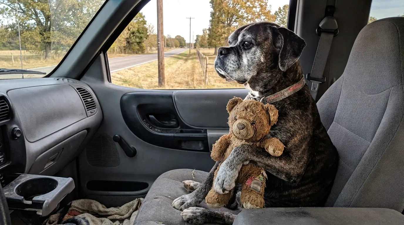 Bruno Won’t Let Go of the Teddy Bear He Was Found With—Even in the Car, He Keeps It Pinned Between His Paws