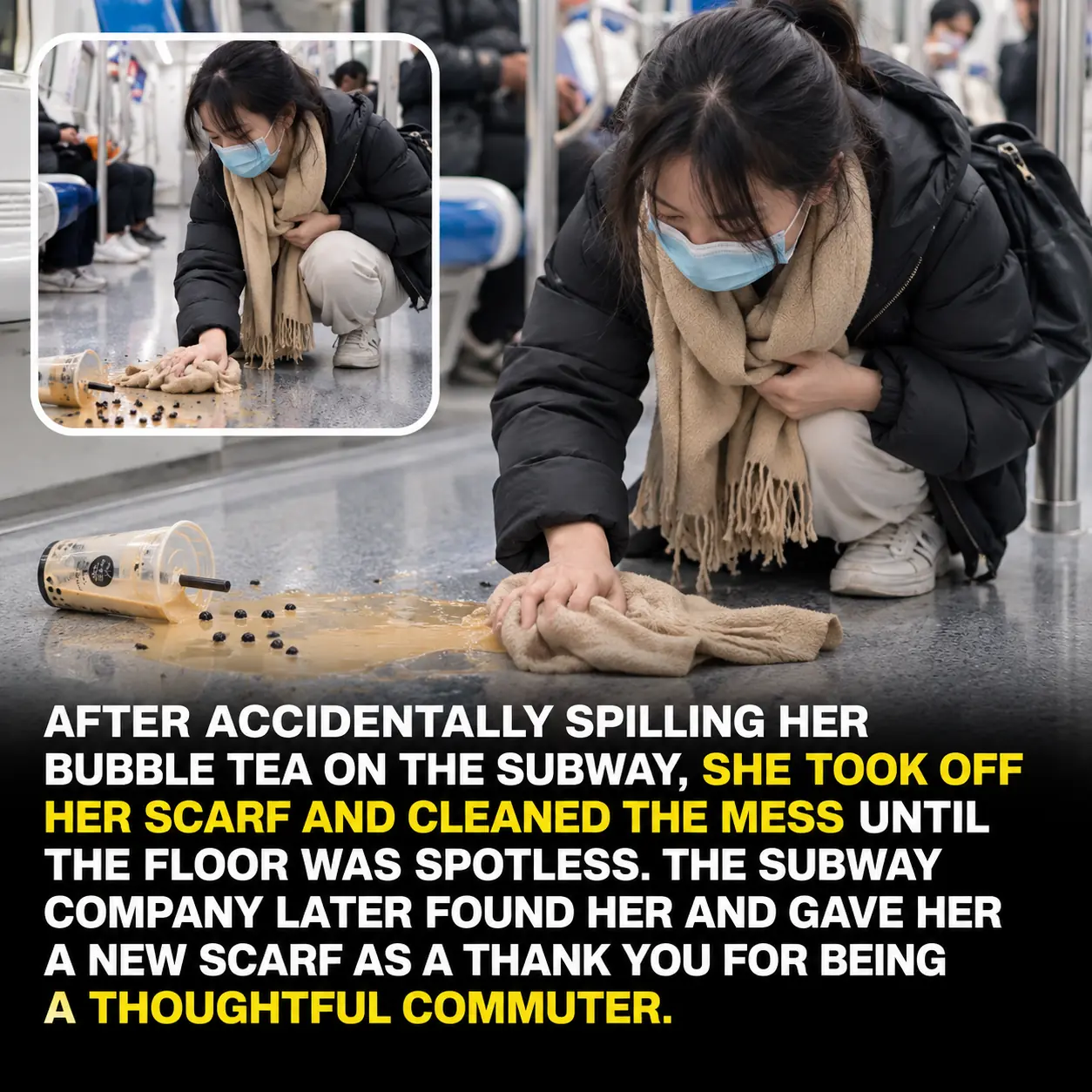 She Spilled Her Drink on the Metro—Then Used Her Own Scarf to Clean Up Every Drop