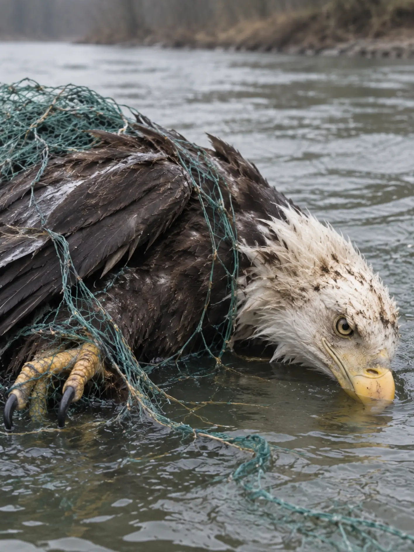 Bald Eagle Found Tangled in a Net and Drifting Downriver — Rescuers Had Only Minutes Before Exhaustion Became Life-Threatening.