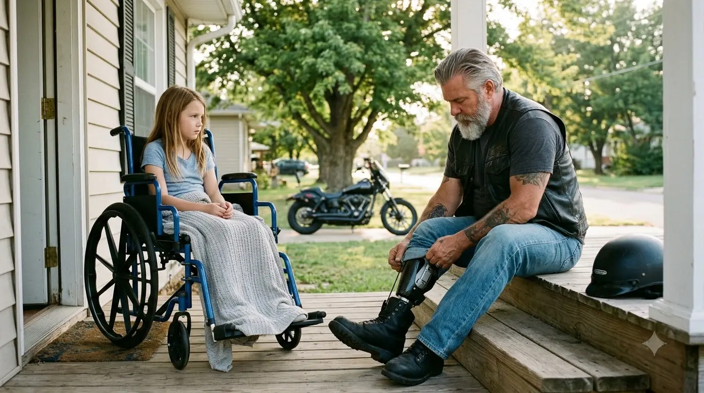 My Nine-Year-Old Daughter Ordered the Biker Away Three Times — Then He Removed His Prosthetic Leg on Our Porch