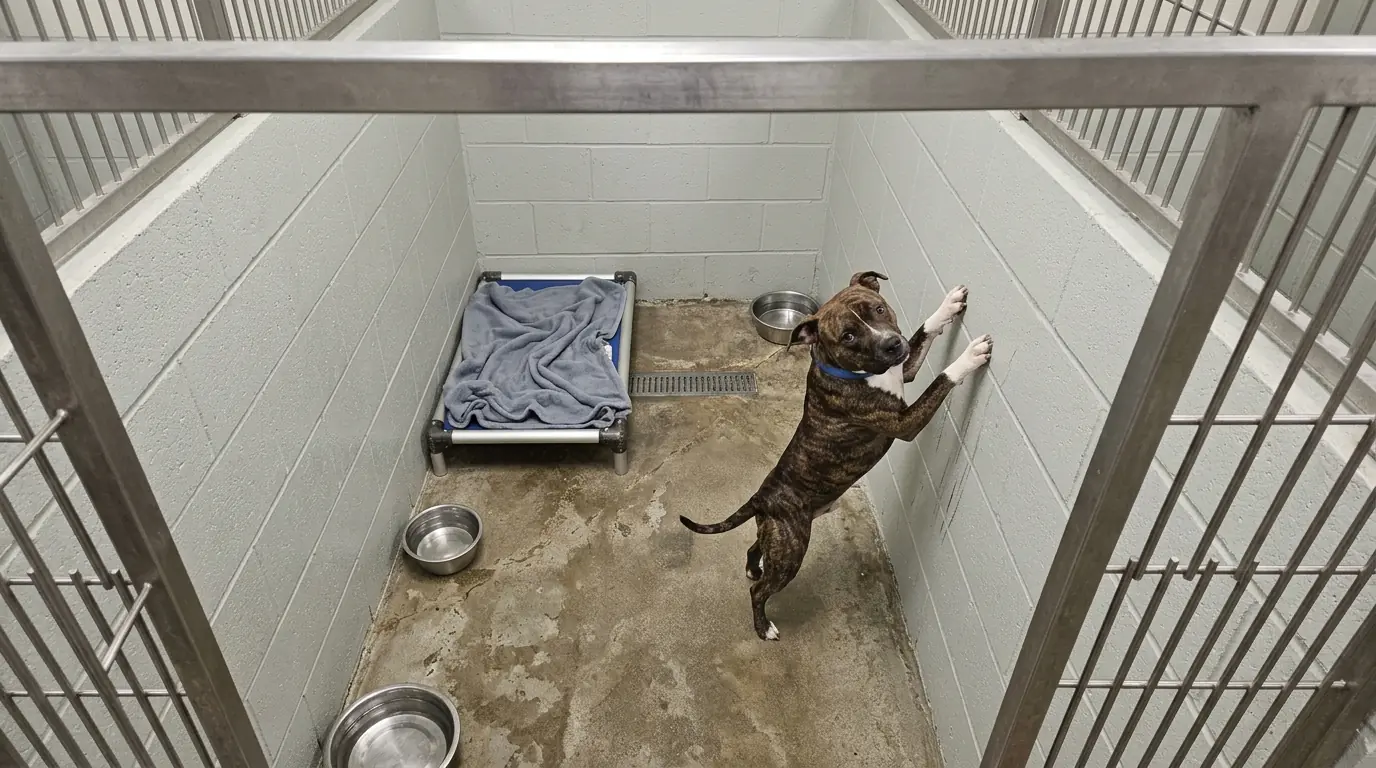 Ruby Tries to Climb the Kennel Wall Whenever Footsteps Approach—Then Collapses Beneath the Wall She Can’t Escape