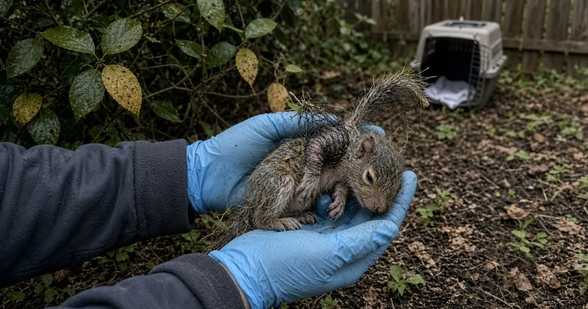 A Young Eastern Gray Squirrel Was Found Flattened Beneath a Tree After the Storm — One Swollen Leg Was Only the First Concern