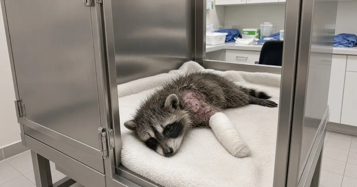 A Young Raccoon Came Out of Emergency Treatment With His Front Leg Wrapped — He Was Still Too Weak to Lift Himself From the Fleece