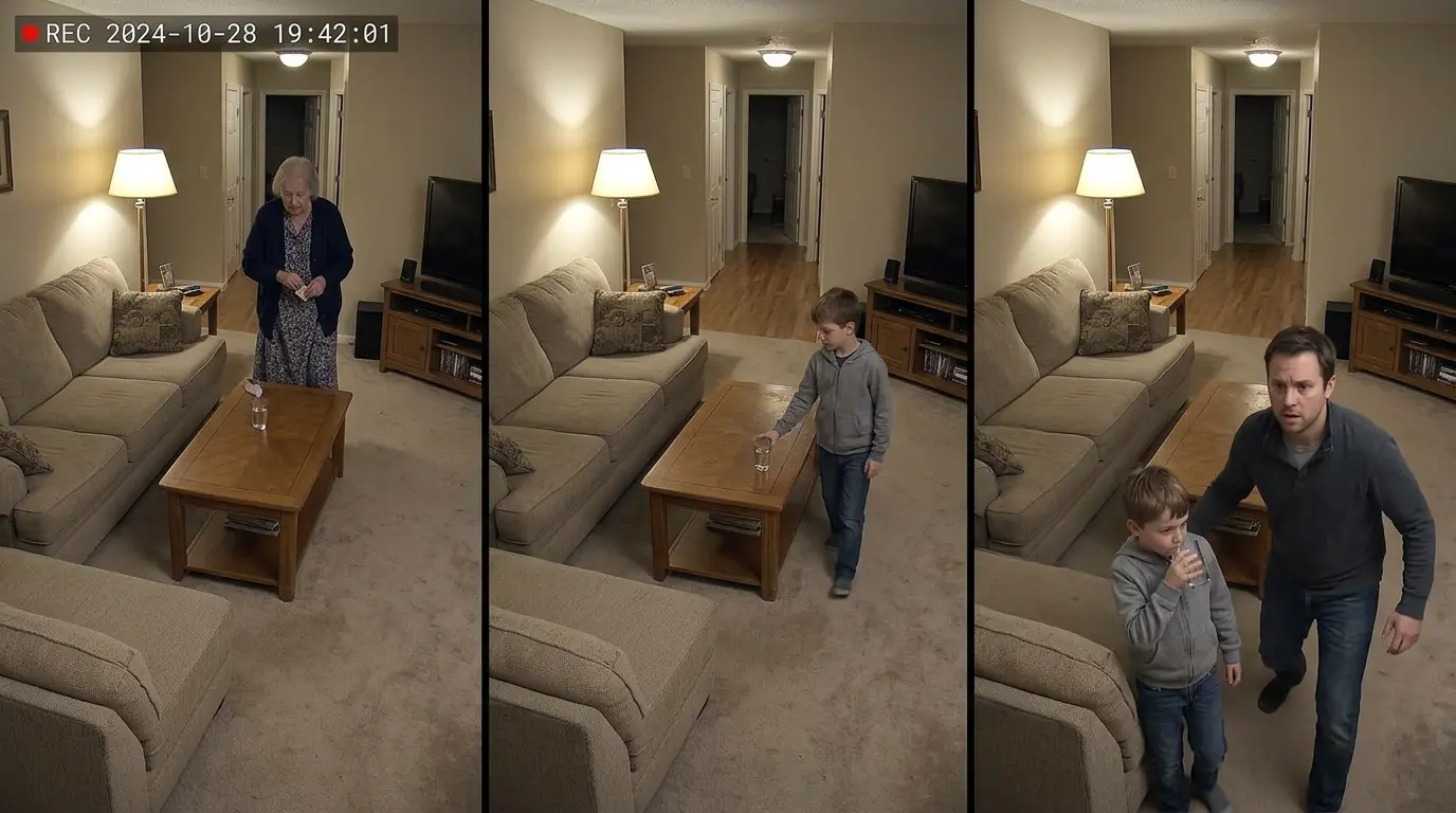 The security camera caught Grandma slipping something into the glass. Seconds later, her 9-year-old grandson reached for it.