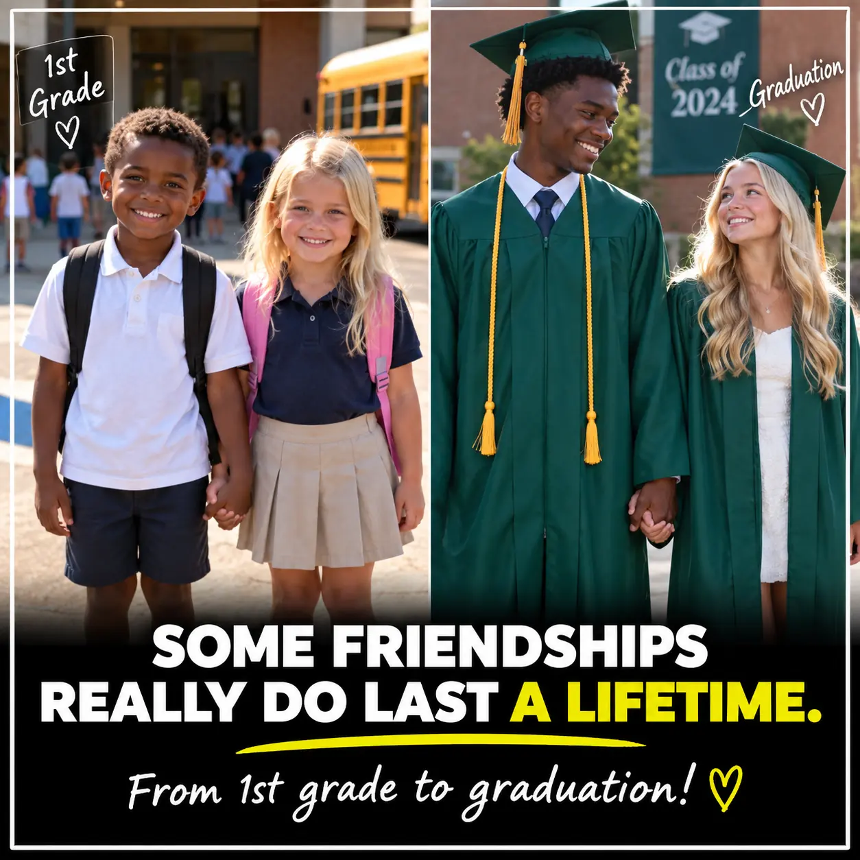 Childhood Friends Recreate Their First-Grade Photo at Graduation Years Later