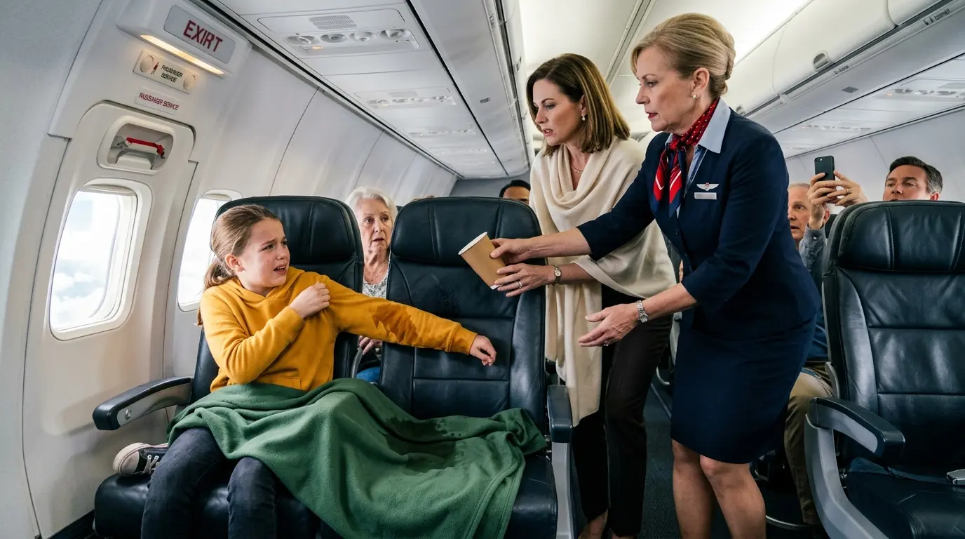 A Wealthy Passenger Dumped Hot Tea on a Sleeping Girl — Then the Captain’s Voice Came Over the Speakers