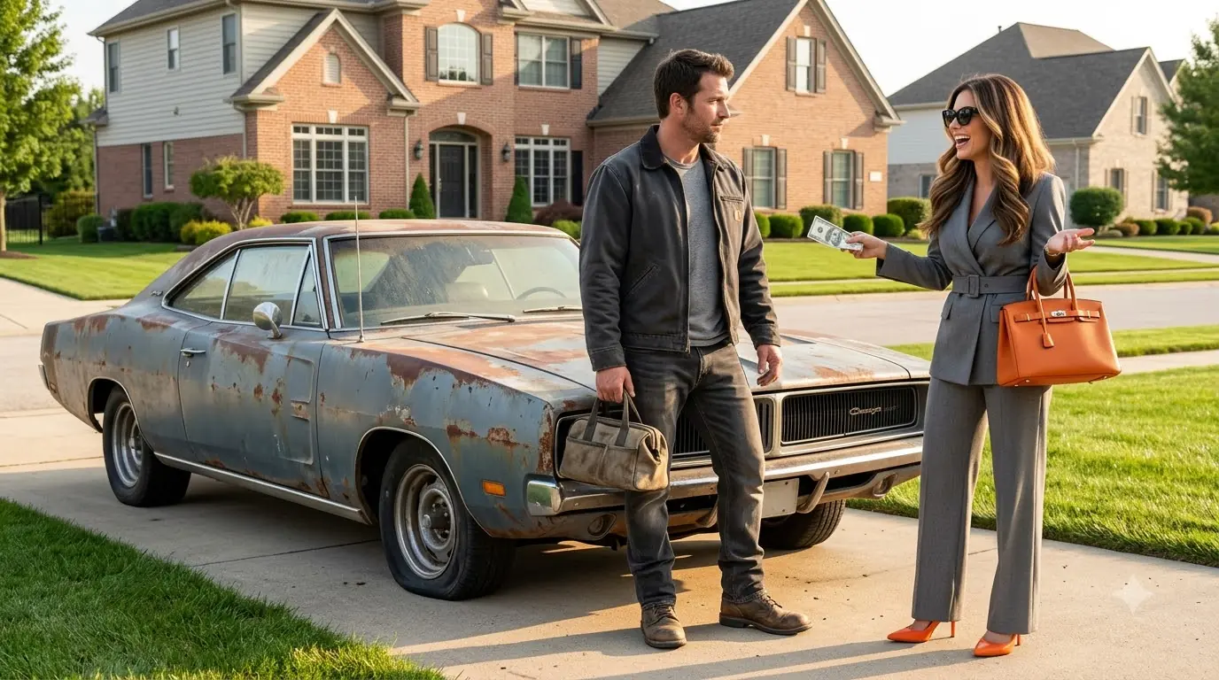 She Offered a Single Dad $100 to Haul Away Her Father’s Rusted Car — Then He Found the Prototype Plate Worth Millions