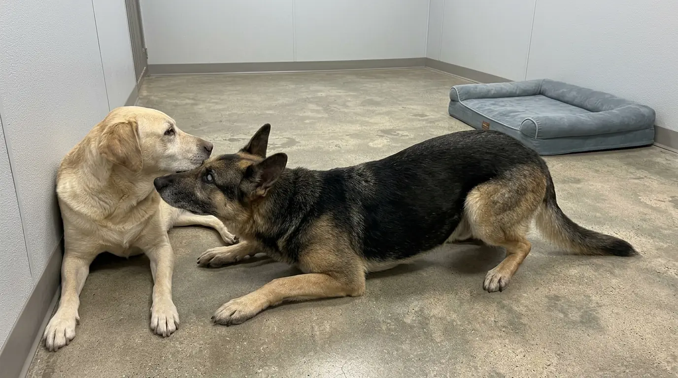Scout Has an Empty Orthopedic Bed Waiting — But He Still Searches the Room Until His Nose Finds Echo