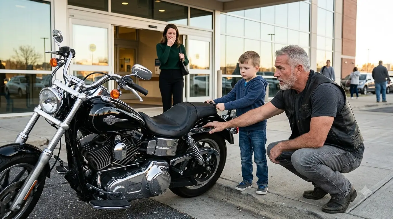 A Little Boy Clung to a Biker’s Harley Outside a Hospital — Then Pointed Under the Seat and Said, “My Dad Put a Star There”