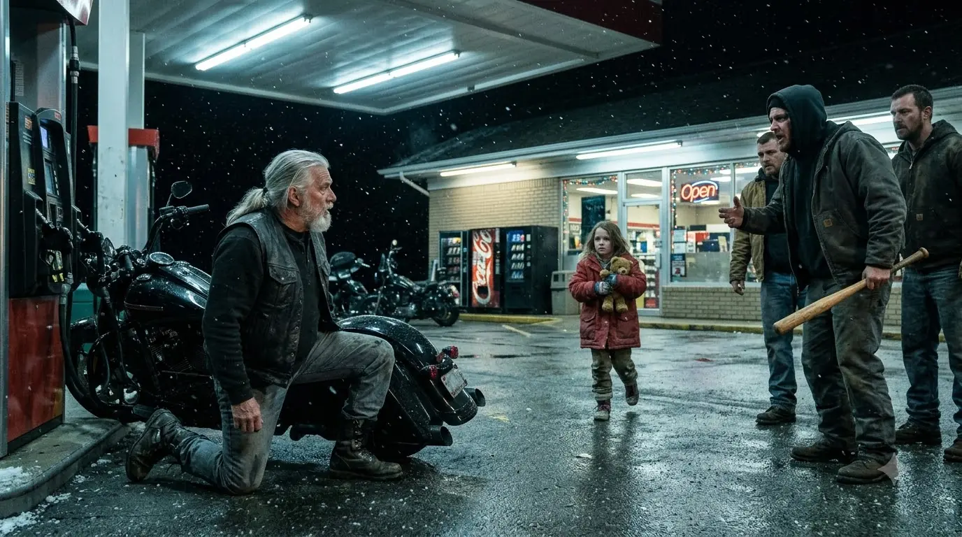 A Homeless Little Girl Shielded an Injured Biker and Cried, “Don’t Hurt Santa” — By Morning, 500 Motorcycles Filled the Gas Station