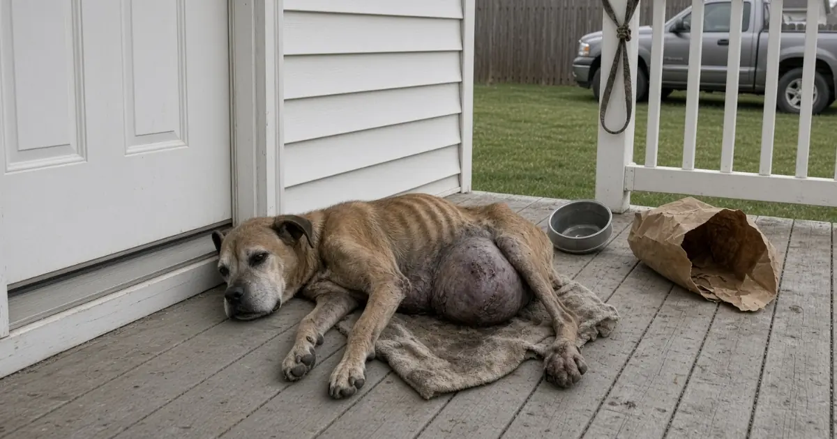 A Senior Dog Was Left Starving in an Empty Backyard—The Massive Tumor Beneath Her Belly Made Her Rescue Even More Critical