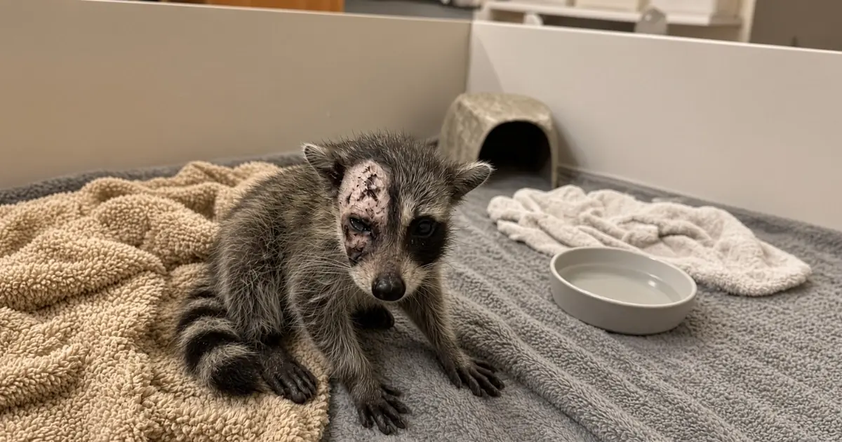 A Young Raccoon Can Finally Sit Up After a Severe Facial Injury — But One Eye Still Won’t Fully Open