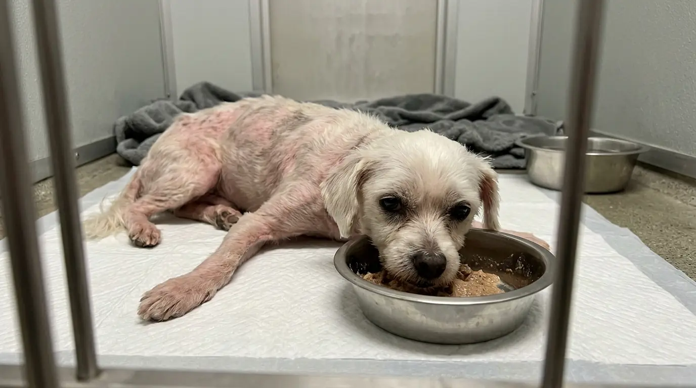 Waffles Is Still Hungry—But After a Few Bites, His Neck Becomes Too Weak to Hold His Head Above the Bowl