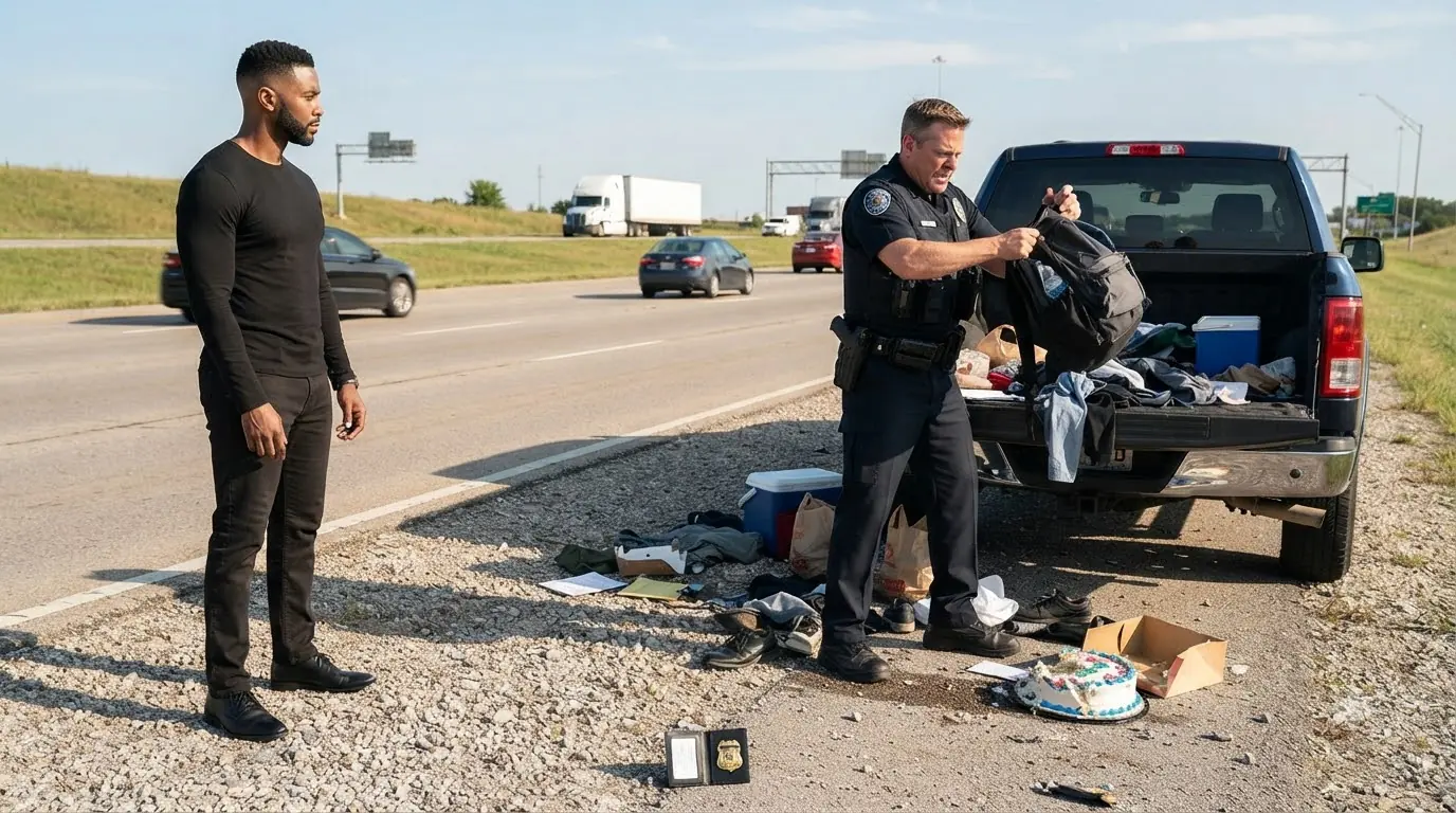 Cop Dumped a Man’s Entire Truck Onto the Highway — Then an FBI Badge Fell Beside the Birthday Cake He Crushed