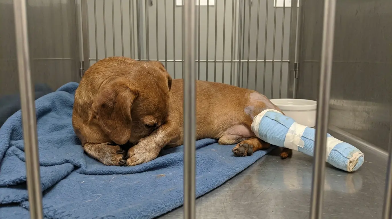 Chip Keeps Trying to Curl Up to Sleep—But His Injured Pelvis and Splinted Leg Won’t Let His Body Fold Anymore
