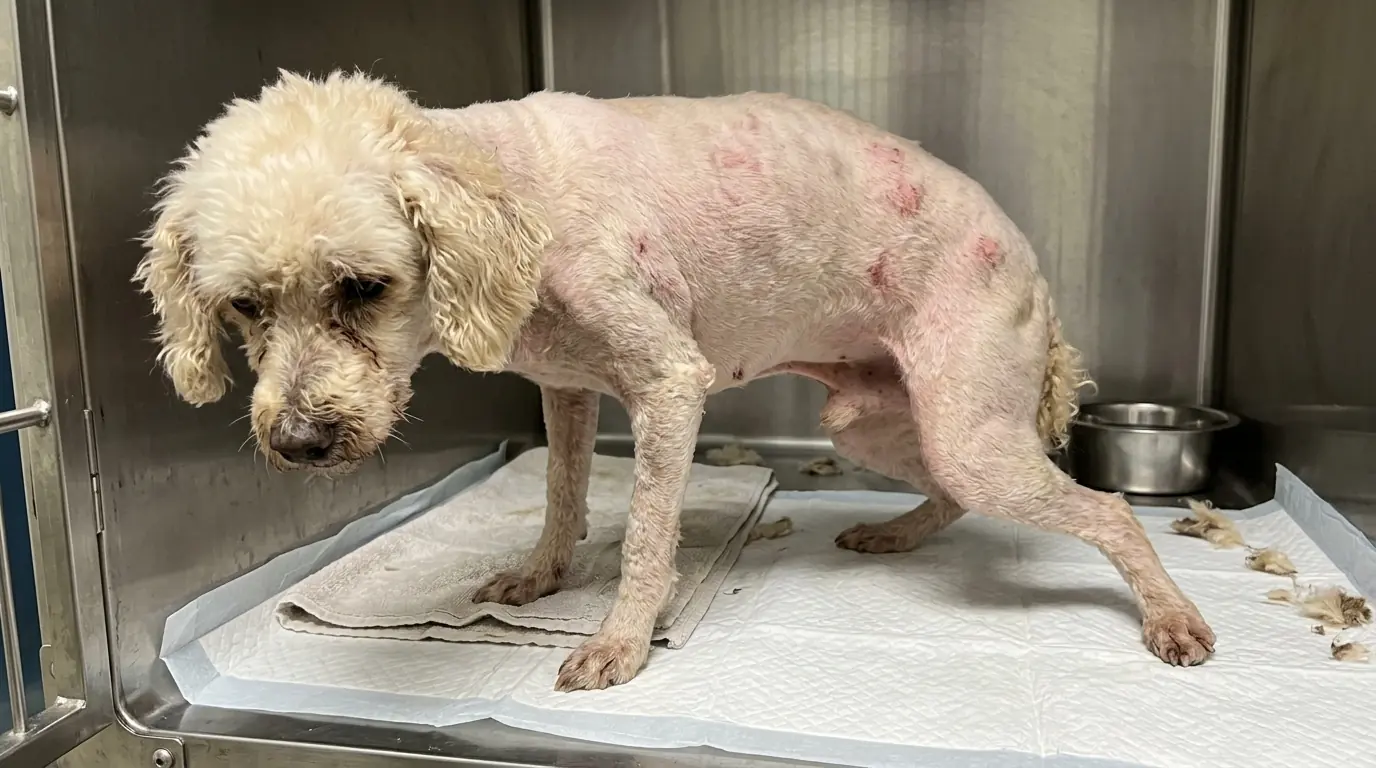 Noodle Was So Matted He Could Barely Move His Back Legs—Now That the Fur Is Gone, He Still Can’t Keep Them Beneath Him