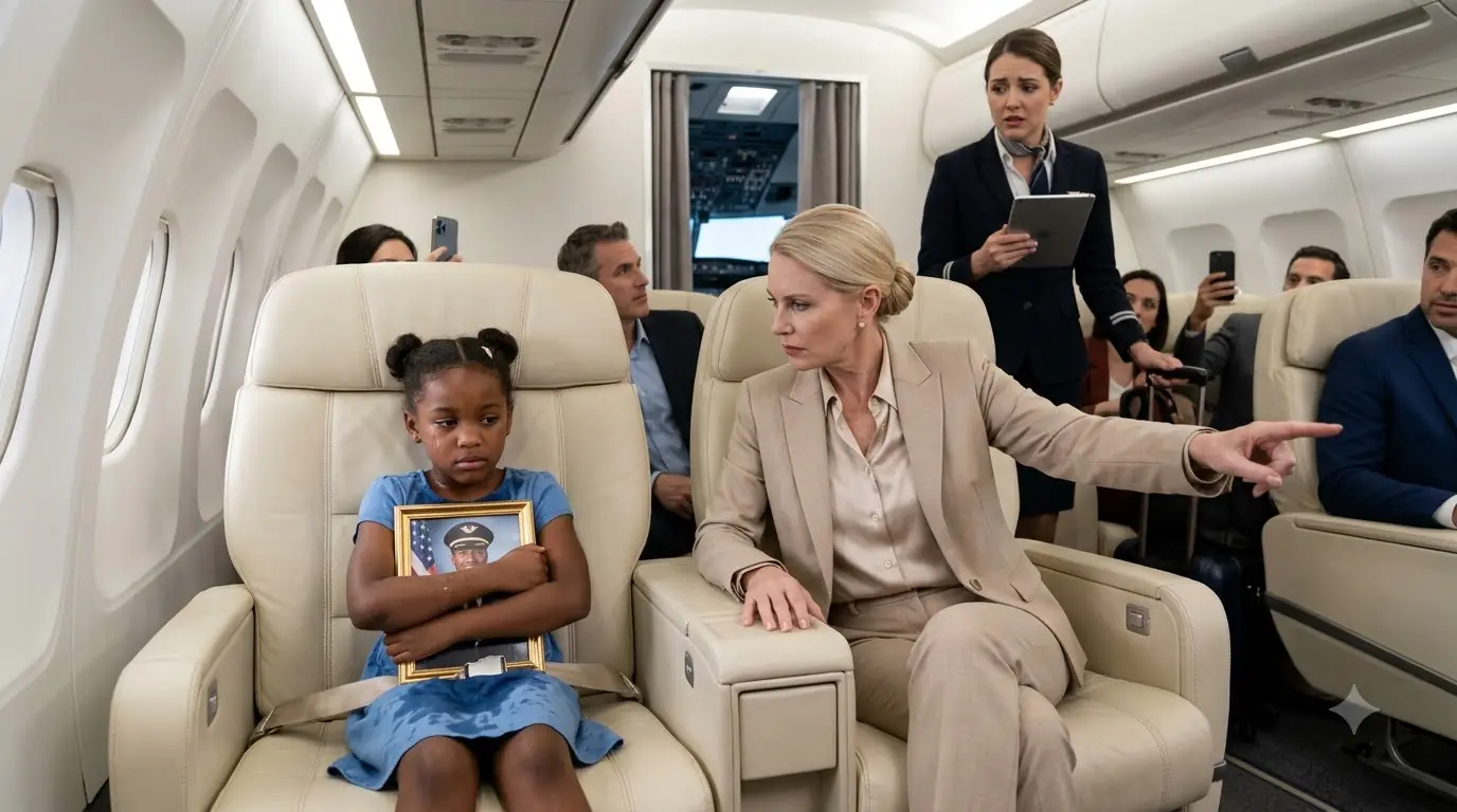 A First-Class Woman Threw Water on a 7-Year-Old Holding Her Dead Father’s Photo — Then the Captain Recognized the Pilot Who Had Saved His Life