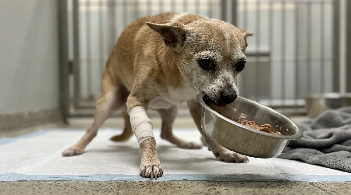 Penny Is Too Weak to Carry Her Food Bowl—But She Keeps Dragging It Inch by Inch Toward Her Blanket