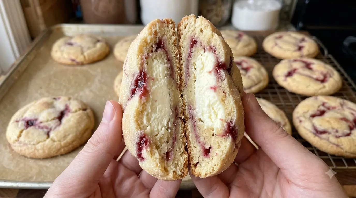 Raspberry Cheesecake Cookies – Soft, Jammy & Cream-Cheese Stuffed