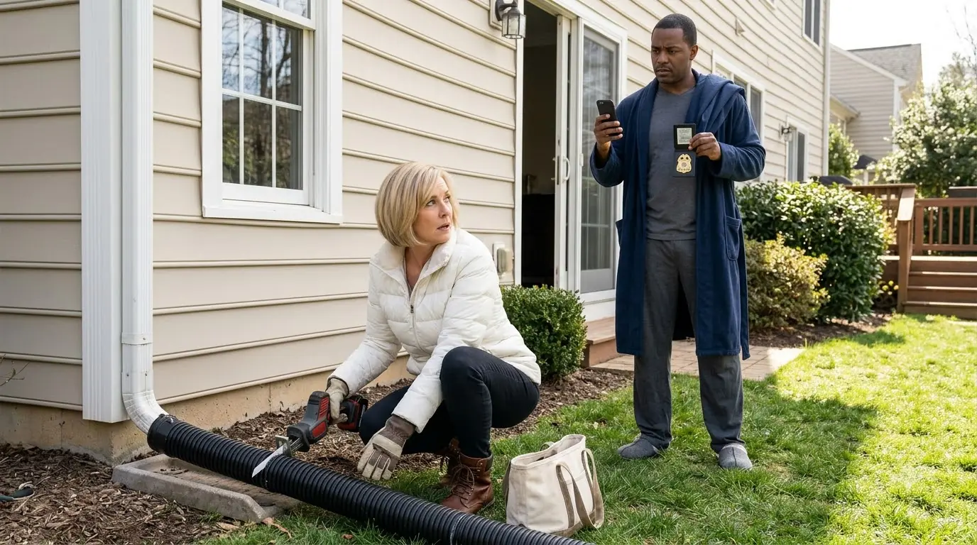 HOA President Cut Apart a Homeowner’s Drainage System Before a Storm — Then He Stepped Outside and Opened an FBI Badge