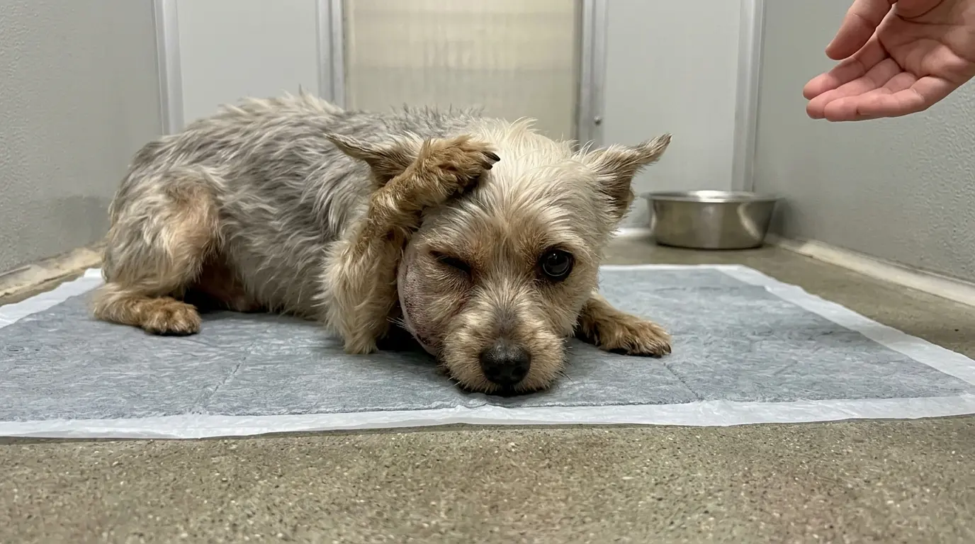 Teddy Drops to the Floor Whenever a Hand Nears His Injured Face—Then Covers His Head With Both Paws