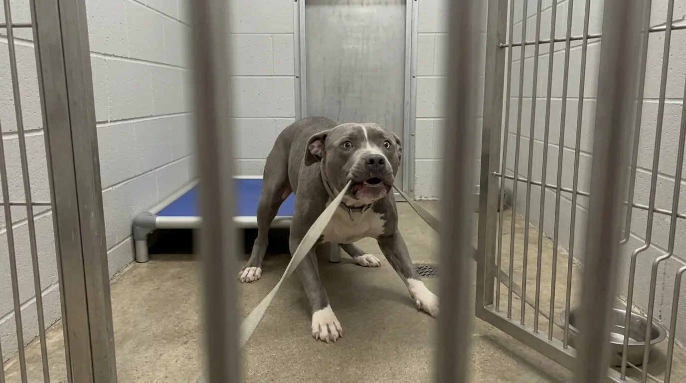 Bruno Is Calm Until the Kennel Door Opens—Then He Backs Into the Wall and Turns on His Own Leash
