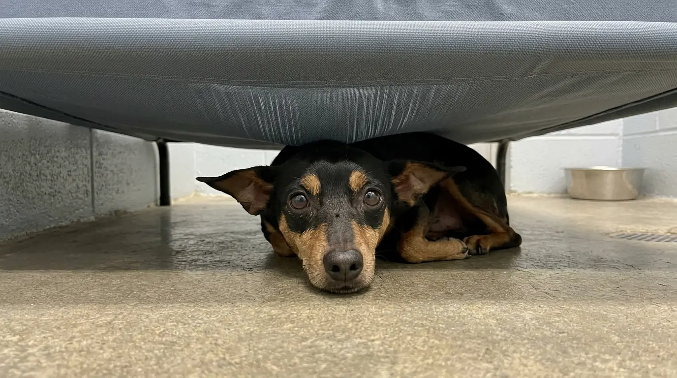 Pickles Sleeps Peacefully on His Cot—Then Wakes Up Panicking and Tries to Squeeze His Entire Body Underneath It
