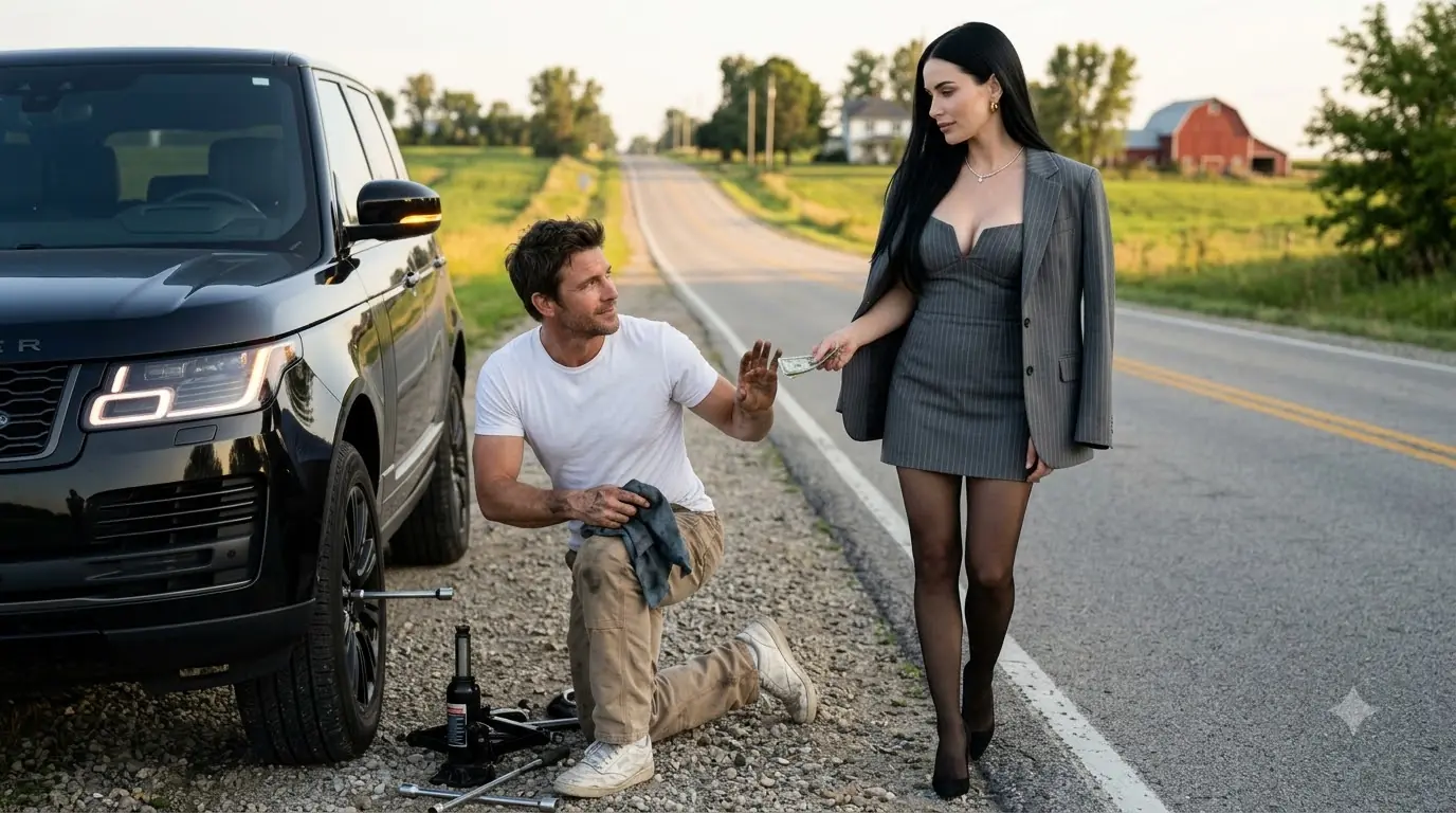 A Single Dad Stopped to Fix a Stranger’s Flat Tire for Free — Then Her Security Team Arrived and He Found What Someone Had Hidden Behind the Wheel