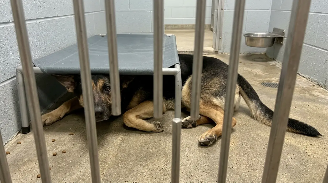 Kaiser Circles His Bed Faster as the Hallway Gets Louder—Then Tries to Squeeze His Entire Body Underneath It