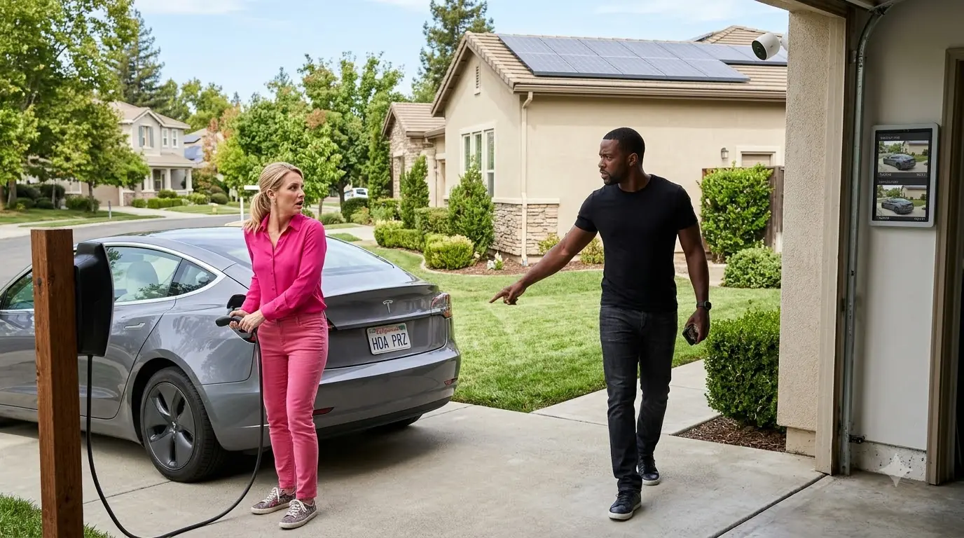 HOA President Kept Charging Her Tesla From a Solar Grid — Then His Garage Door Opened