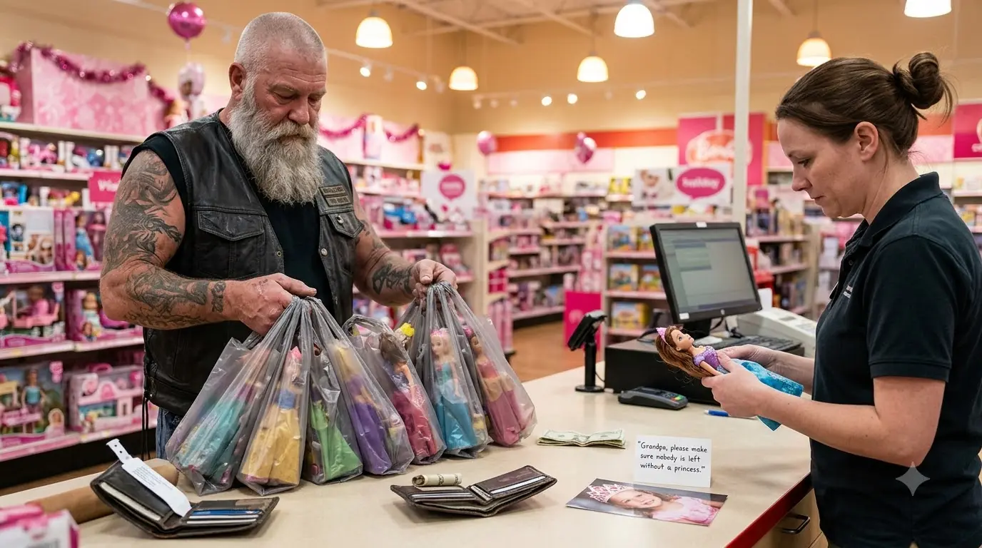 A Giant Biker Bought Every Princess Doll in the Store — Then the Cashier Found the Note His Granddaughter Wrote Before She Died