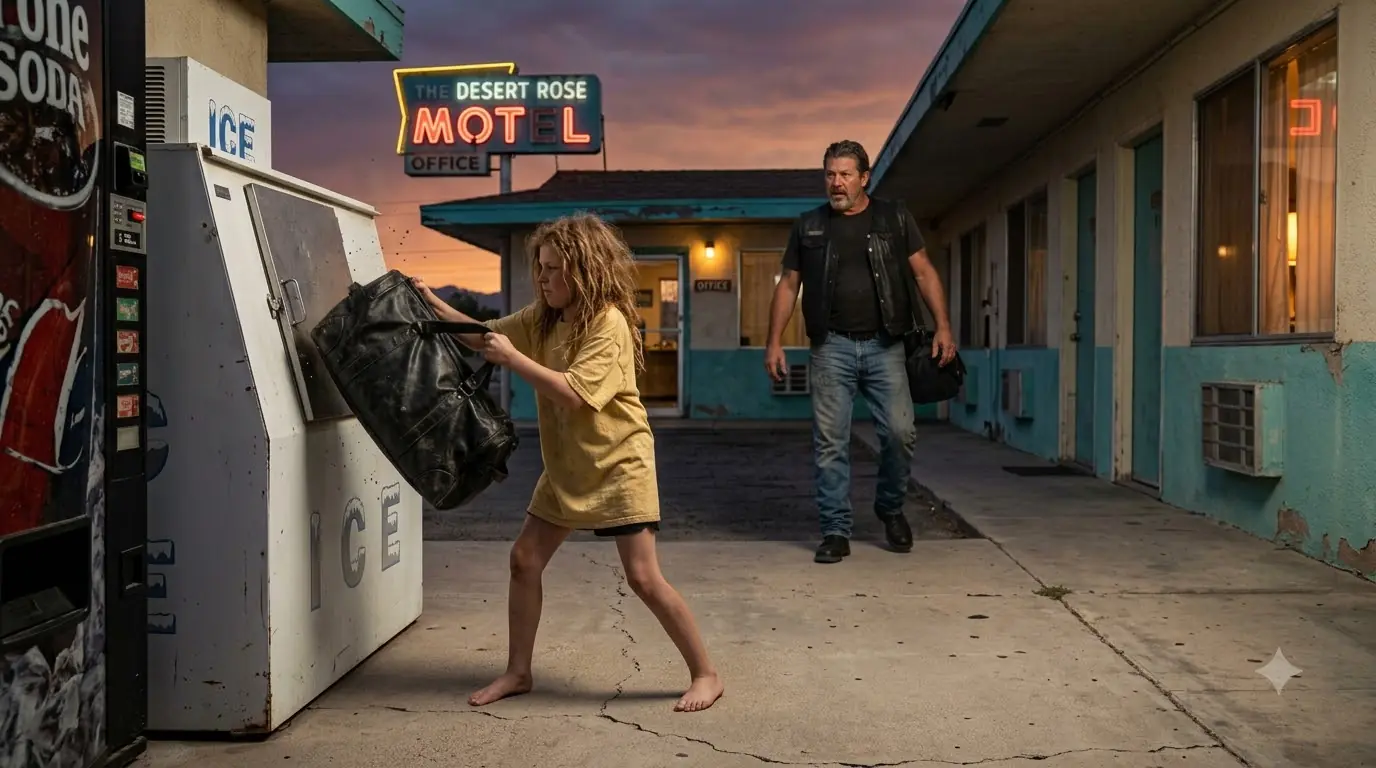 I Thought the Barefoot Girl Was Destroying My Biker Gear at a Motel — Then the Ice Machine Dropped a Key Wrapped Inside Her Sister’s Sock