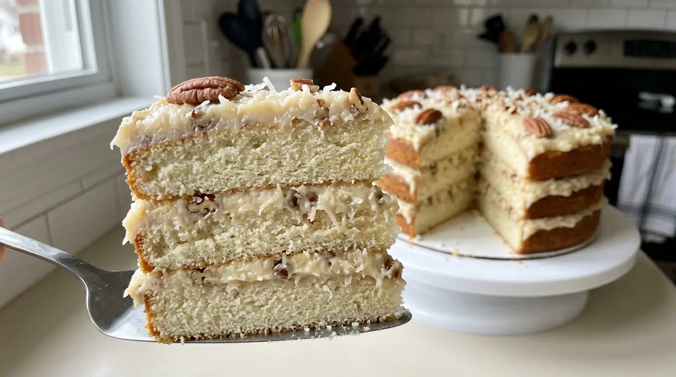 White German Chocolate Cake – Fluffy, Buttery & Loaded with Coconut-Pecan Frosting