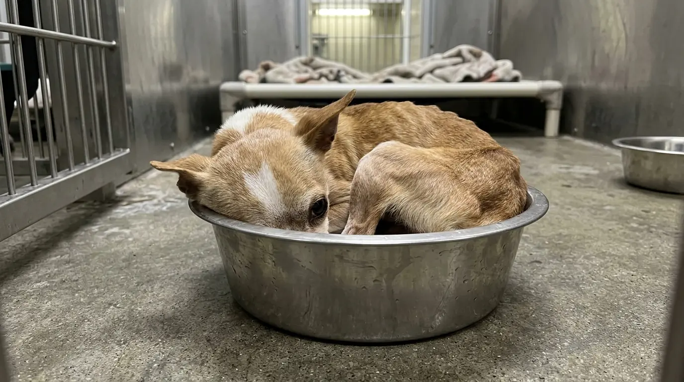 Bean Crawls Into His Empty Food Bowl When the Kennel Gets Loud—Then Stays Curled Inside Until the Barking Stops