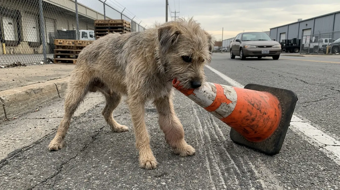 Rusty Keeps Dragging the Same Traffic Cone Into the Road—Then Lies Beside It Even as Cars Force Him Away