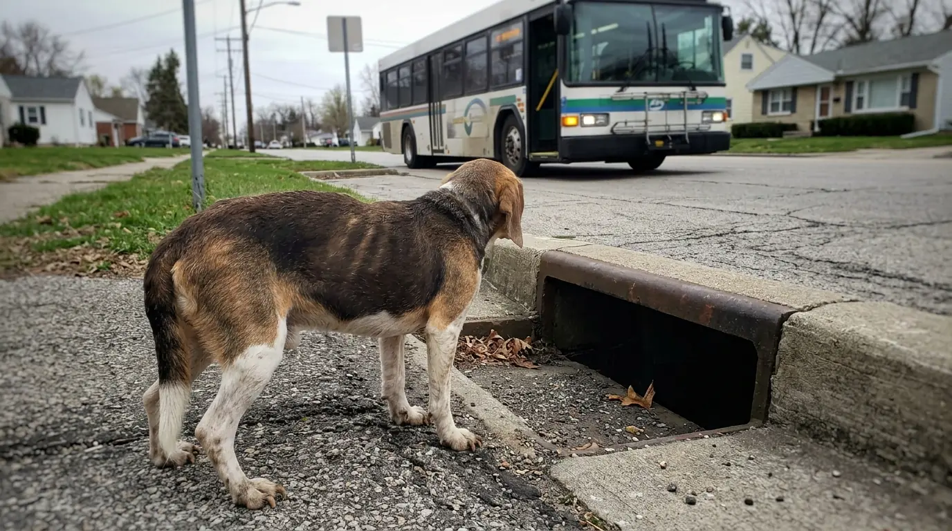 Daisy Sleeps Inside a Storm Drain—But Every Time the Bus Stops, She Crawls Out to Watch the Door Open
