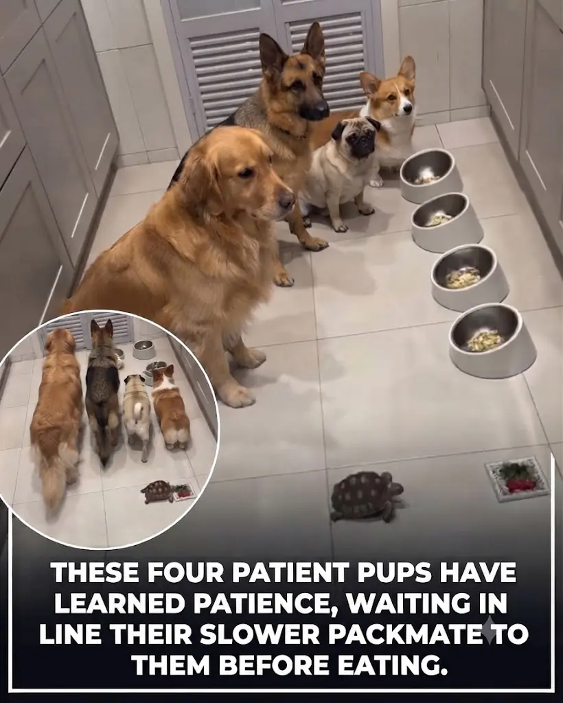 Four Dogs Sit Frozen Before Their Breakfast Bowls. Then Their Tiny Tortoise Sibling Arrives.