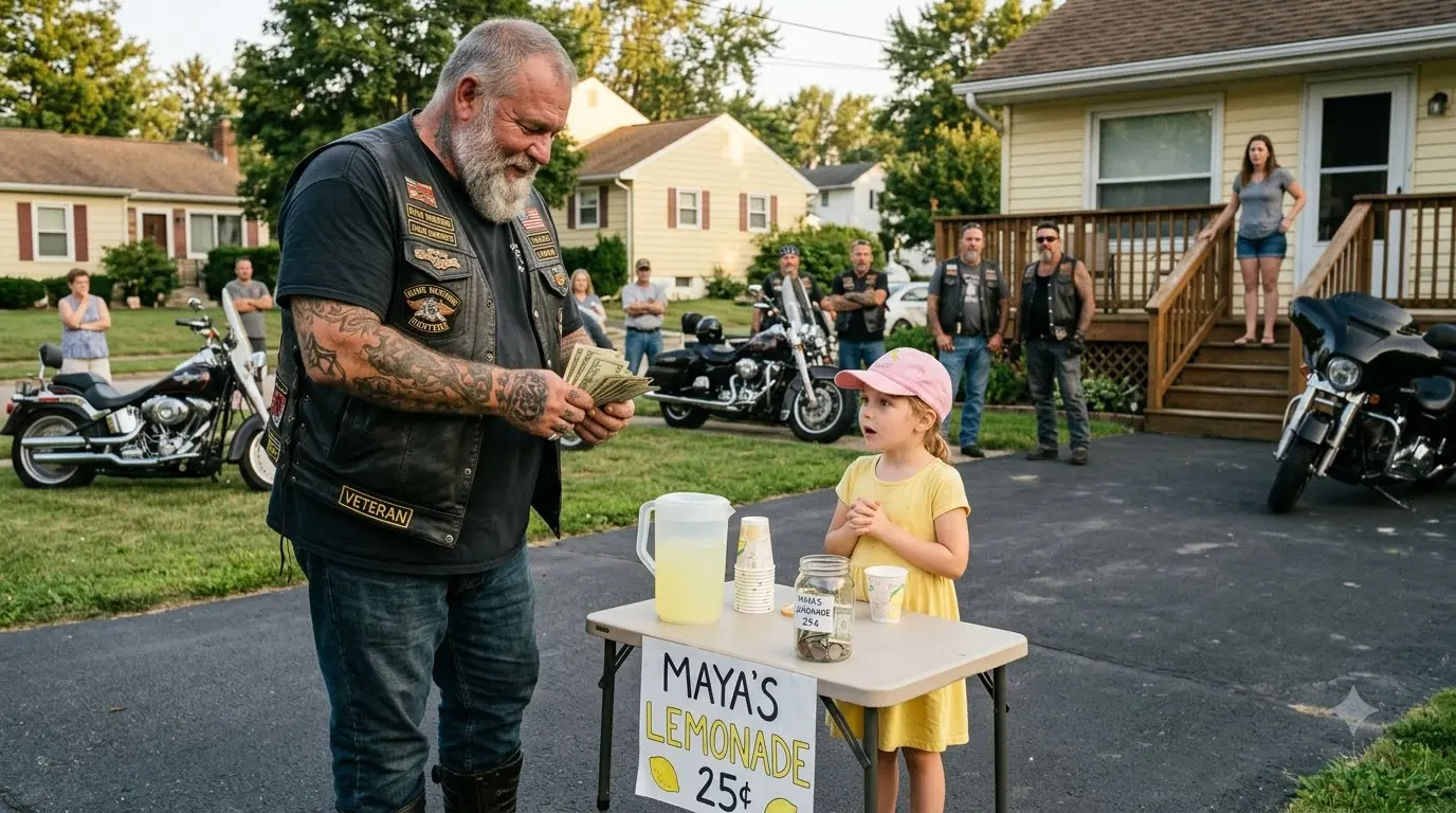A Huge Biker Bought Every Cup at a Little Girl’s Lemonade Stand — Then Her Mother Read What He Wrote on the Jar