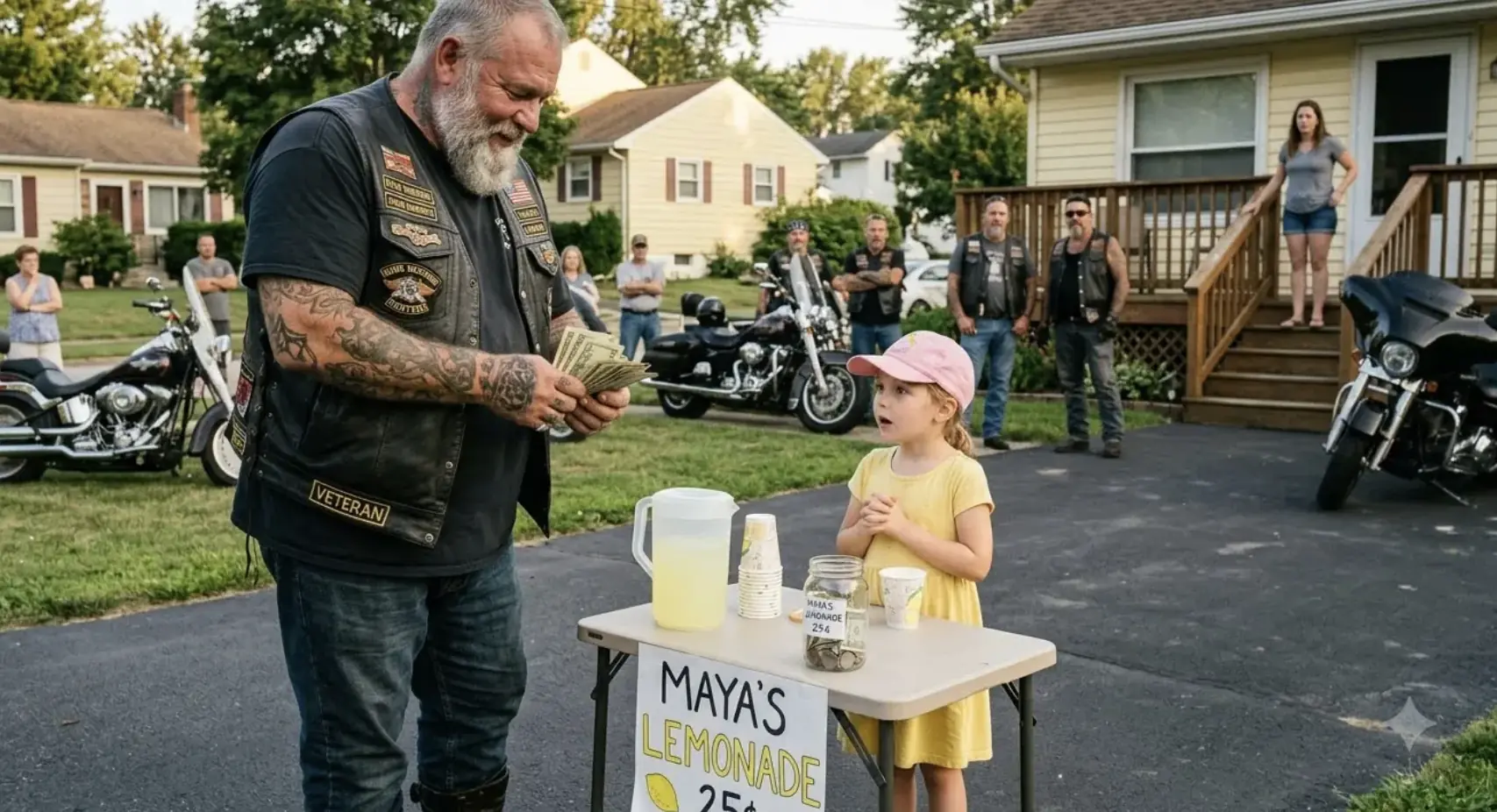 A Huge Biker Bought Every Cup at a Little Girl’s Lemonade Stand — Then Her Mother Read What He Wrote on the Jar