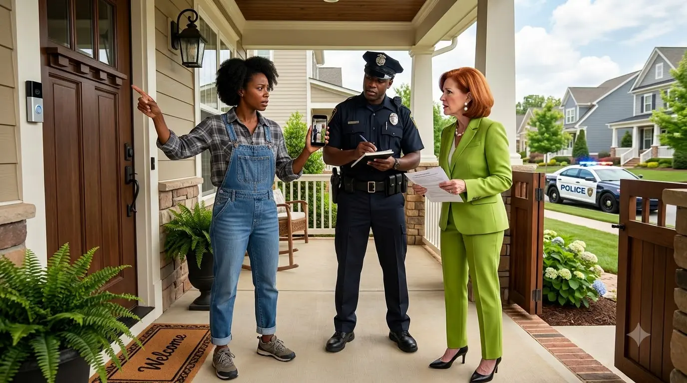 She Stormed Onto a Woman's Porch Over a Leaf Blower — Then the Police Call Took a Turn She Never Expected