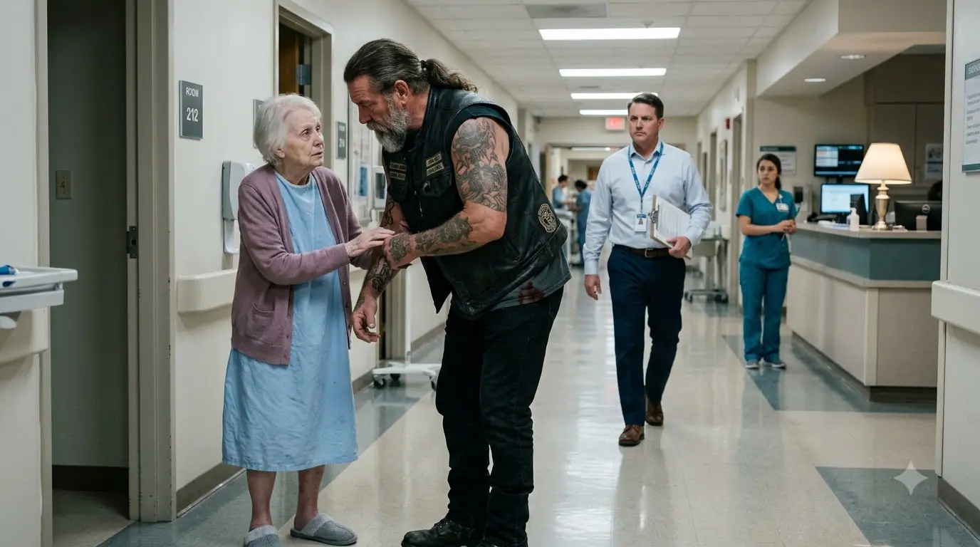 An Elderly Woman Asked a Biker to Pretend He Was Her Grandson — Then the Hospital Administrator Saw What He Was Holding